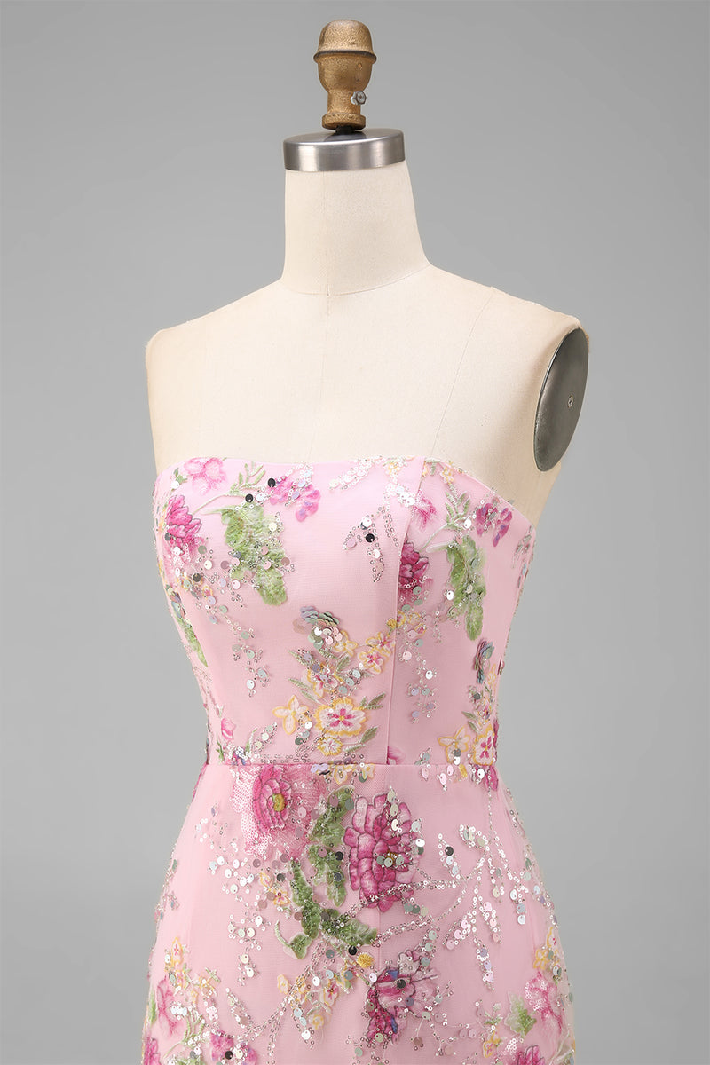 Load image into Gallery viewer, Sparkly Pink Floral Mermaid Strapless Ankle Length Prom Dress