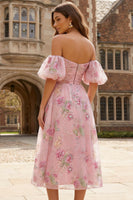 Load image into Gallery viewer, Sparkly Floral Pink Off the Shoulder A Line Midi Prom Dress
