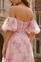 Load image into Gallery viewer, Sparkly Floral Pink Off the Shoulder A Line Midi Prom Dress