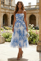 Load image into Gallery viewer, White and Blue Strapless Floral A Line Midi Prom Dress