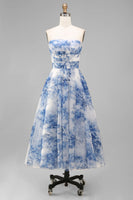 Load image into Gallery viewer, White and Blue Strapless Floral A Line Midi Prom Dress