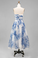 Load image into Gallery viewer, White and Blue Strapless Floral A Line Midi Prom Dress
