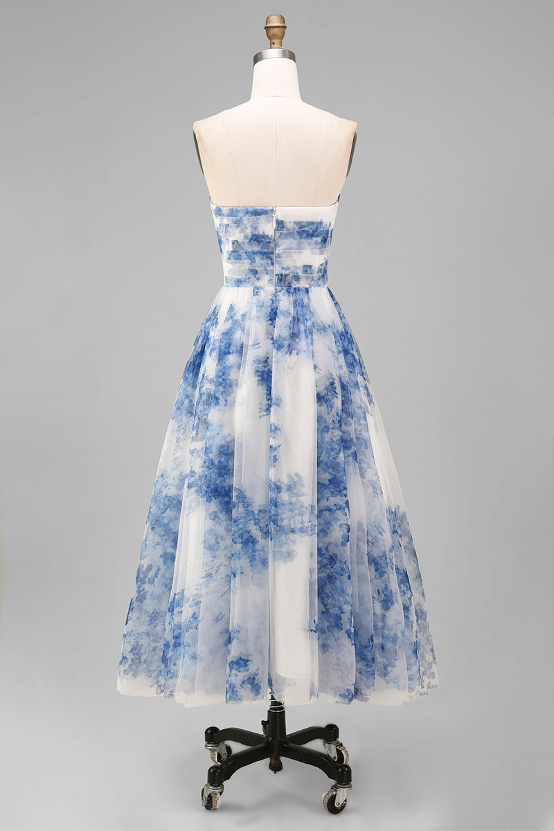 Load image into Gallery viewer, White and Blue Strapless Floral A Line Midi Prom Dress