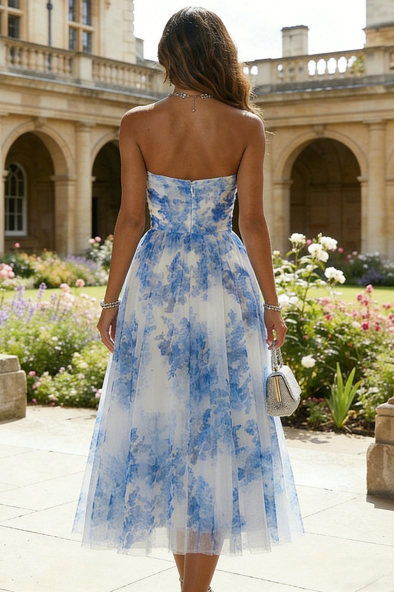 Queendancer Women White and Blue Floral Midi Prom Dress A Line