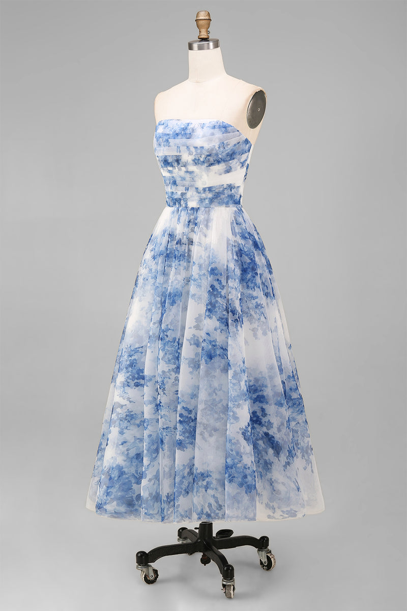 Load image into Gallery viewer, White and Blue Strapless Floral A Line Midi Prom Dress