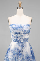 Load image into Gallery viewer, White and Blue Strapless Floral A Line Midi Prom Dress