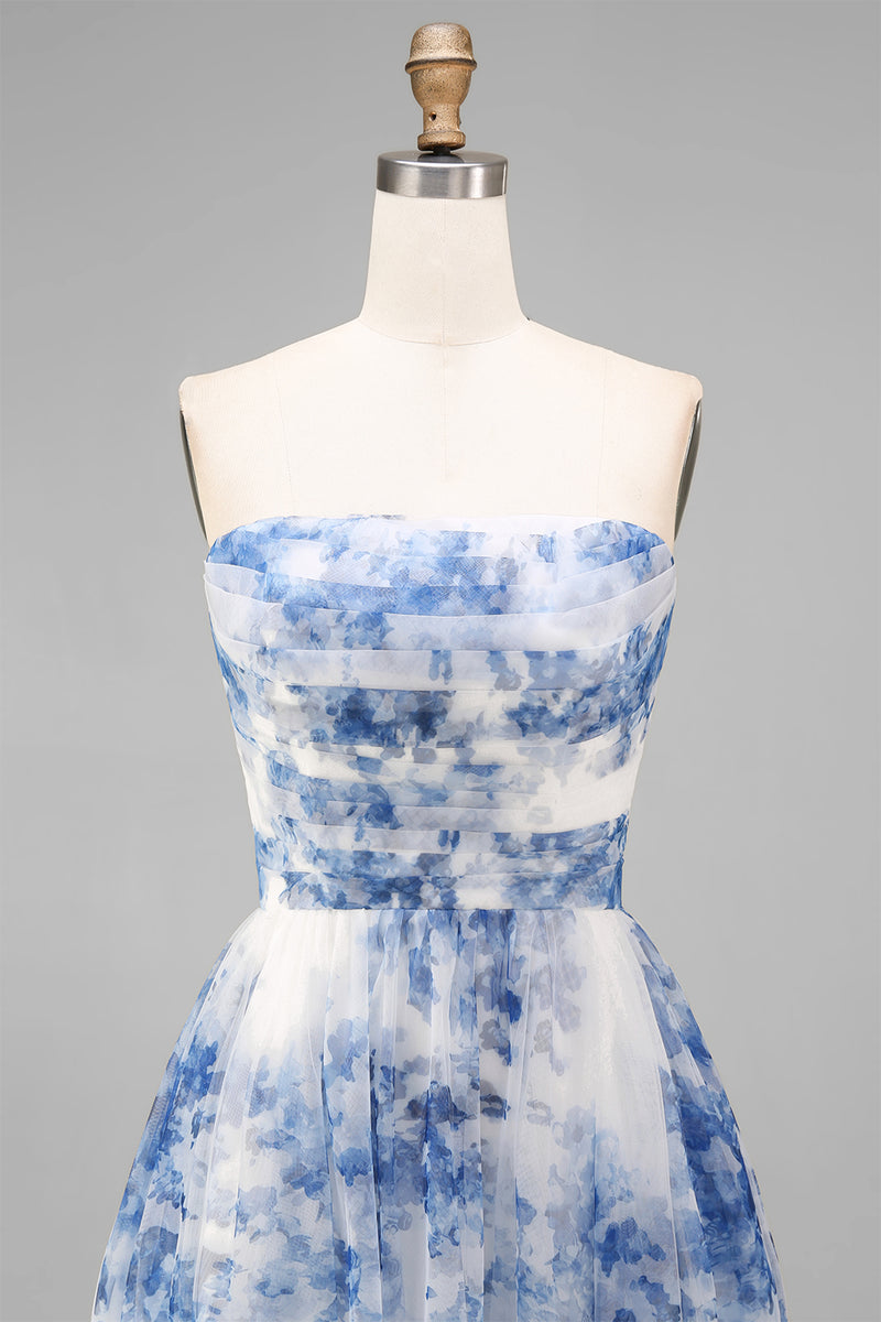 Load image into Gallery viewer, White and Blue Strapless Floral A Line Midi Prom Dress