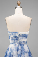 Load image into Gallery viewer, White and Blue Strapless Floral A Line Midi Prom Dress