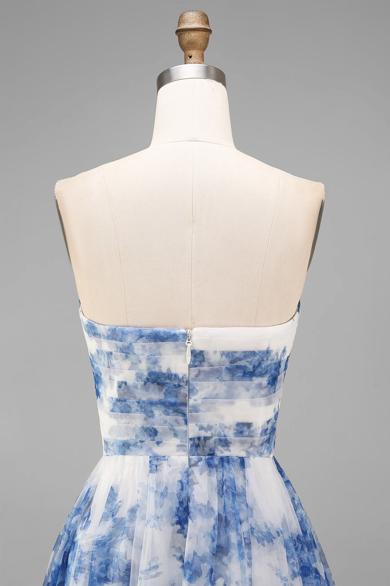 Load image into Gallery viewer, White and Blue Strapless Floral A Line Midi Prom Dress