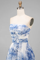 Load image into Gallery viewer, White and Blue Strapless Floral A Line Midi Prom Dress
