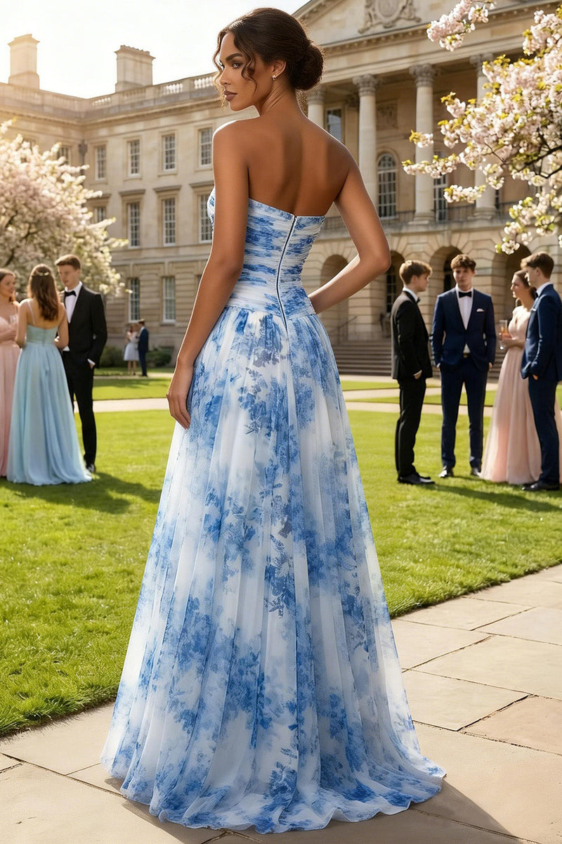 Load image into Gallery viewer, Floral Strapless White and Blue A Line Long Prom Dress