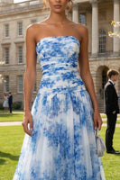 Load image into Gallery viewer, Floral Strapless White and Blue A Line Long Prom Dress