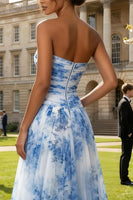 Load image into Gallery viewer, Floral Strapless White and Blue A Line Long Prom Dress