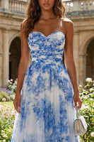 Load image into Gallery viewer, White and Blue Floral Sweetheart A Line Long Prom Dress