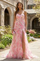 Load image into Gallery viewer, Pink Floral Sheath Sweetheart Long Prom Dress with Slit