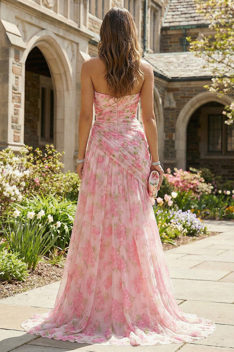 Load image into Gallery viewer, Pink Floral Sheath Sweetheart Long Prom Dress with Slit