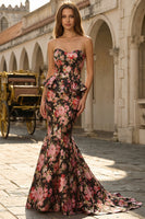 Load image into Gallery viewer, Black and Pink Mermaid Floral Sweetheart Long Prom Dress with Ruffles