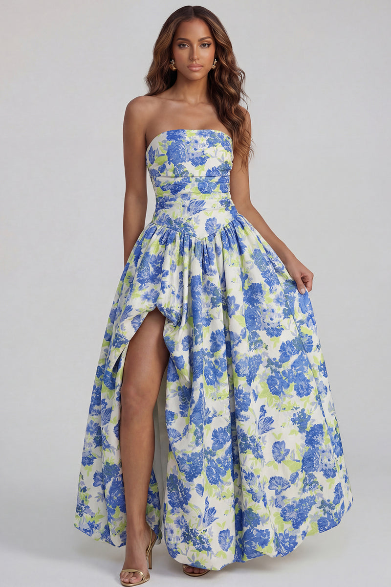 Load image into Gallery viewer, Floral Strapless Blue and White A Line Long Prom Dress with Slit
