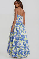 Load image into Gallery viewer, Floral Strapless Blue and White A Line Long Prom Dress with Slit