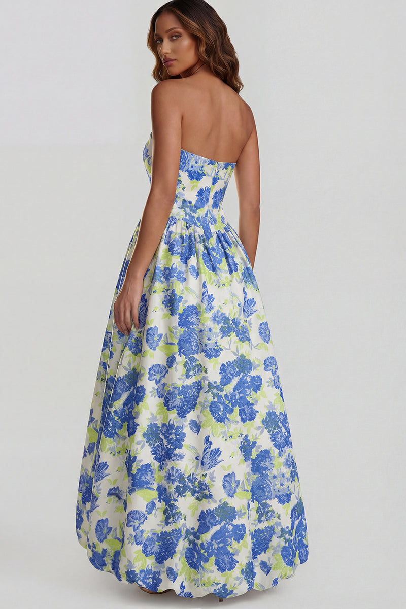 Load image into Gallery viewer, Floral Strapless Blue and White A Line Long Prom Dress with Slit