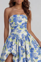 Load image into Gallery viewer, Floral Strapless Blue and White A Line Long Prom Dress with Slit