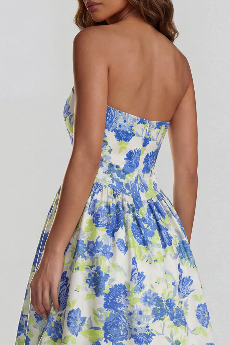 Load image into Gallery viewer, Floral Strapless Blue and White A Line Long Prom Dress with Slit