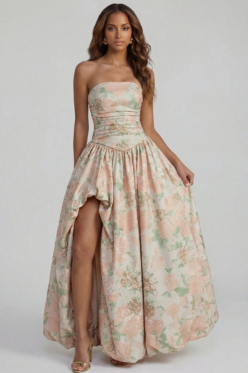 Load image into Gallery viewer, Floral Strapless Blue and White A Line Long Prom Dress with Slit