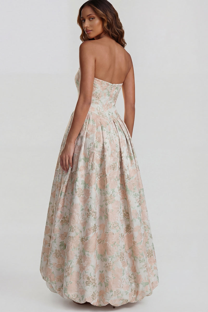 Load image into Gallery viewer, Floral Strapless Blue and White A Line Long Prom Dress with Slit