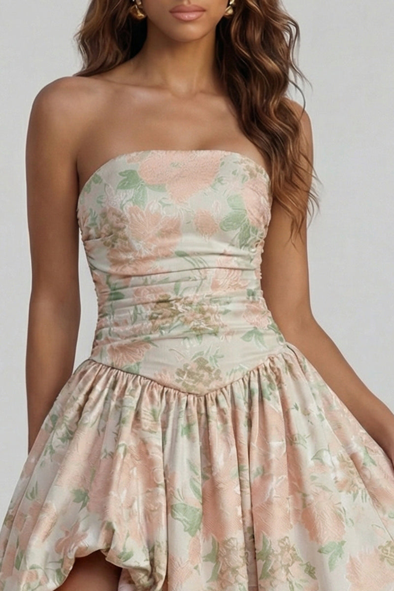 Load image into Gallery viewer, Floral Strapless Blue and White A Line Long Prom Dress with Slit