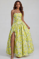 Load image into Gallery viewer, Floral Strapless Blue and White A Line Long Prom Dress with Slit