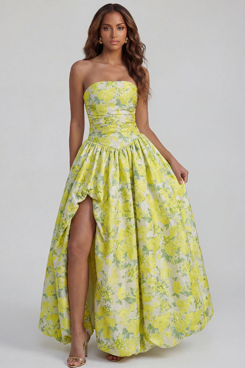 Load image into Gallery viewer, Floral Strapless Blue and White A Line Long Prom Dress with Slit