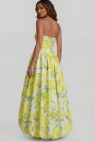 Load image into Gallery viewer, Floral Strapless Blue and White A Line Long Prom Dress with Slit