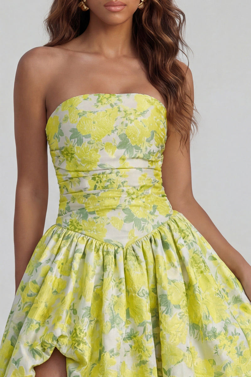 Load image into Gallery viewer, Floral Strapless Blue and White A Line Long Prom Dress with Slit