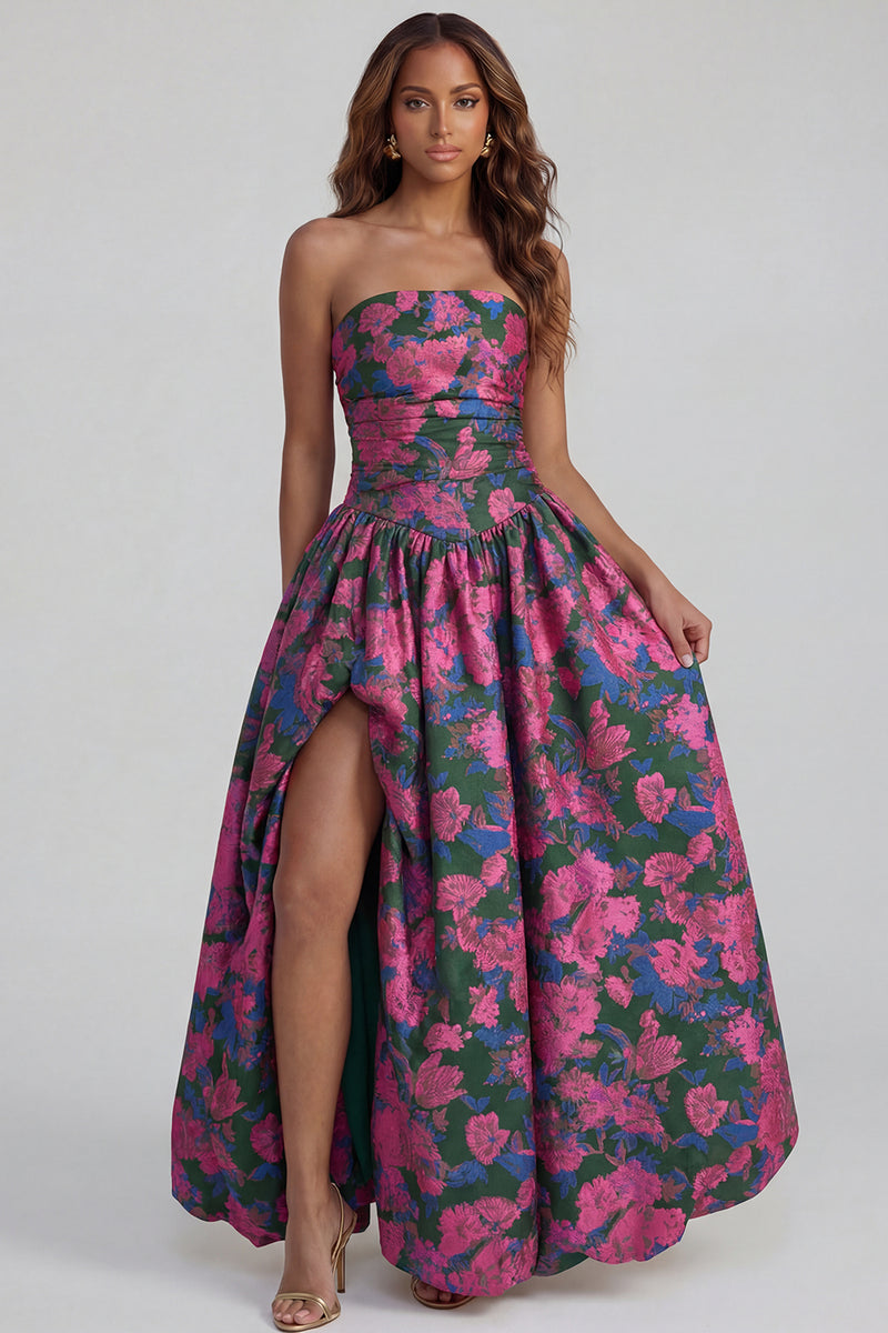 Load image into Gallery viewer, Floral Strapless Blue and White A Line Long Prom Dress with Slit