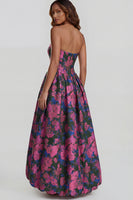 Load image into Gallery viewer, Floral Strapless Blue and White A Line Long Prom Dress with Slit