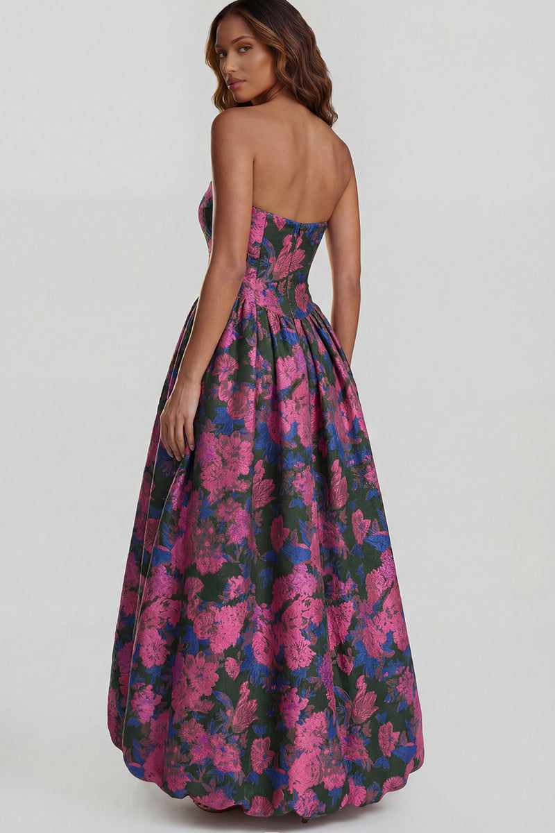 Load image into Gallery viewer, Floral Strapless Blue and White A Line Long Prom Dress with Slit