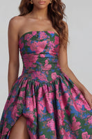 Load image into Gallery viewer, Floral Strapless Blue and White A Line Long Prom Dress with Slit