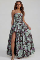 Load image into Gallery viewer, Floral Strapless Blue and White A Line Long Prom Dress with Slit