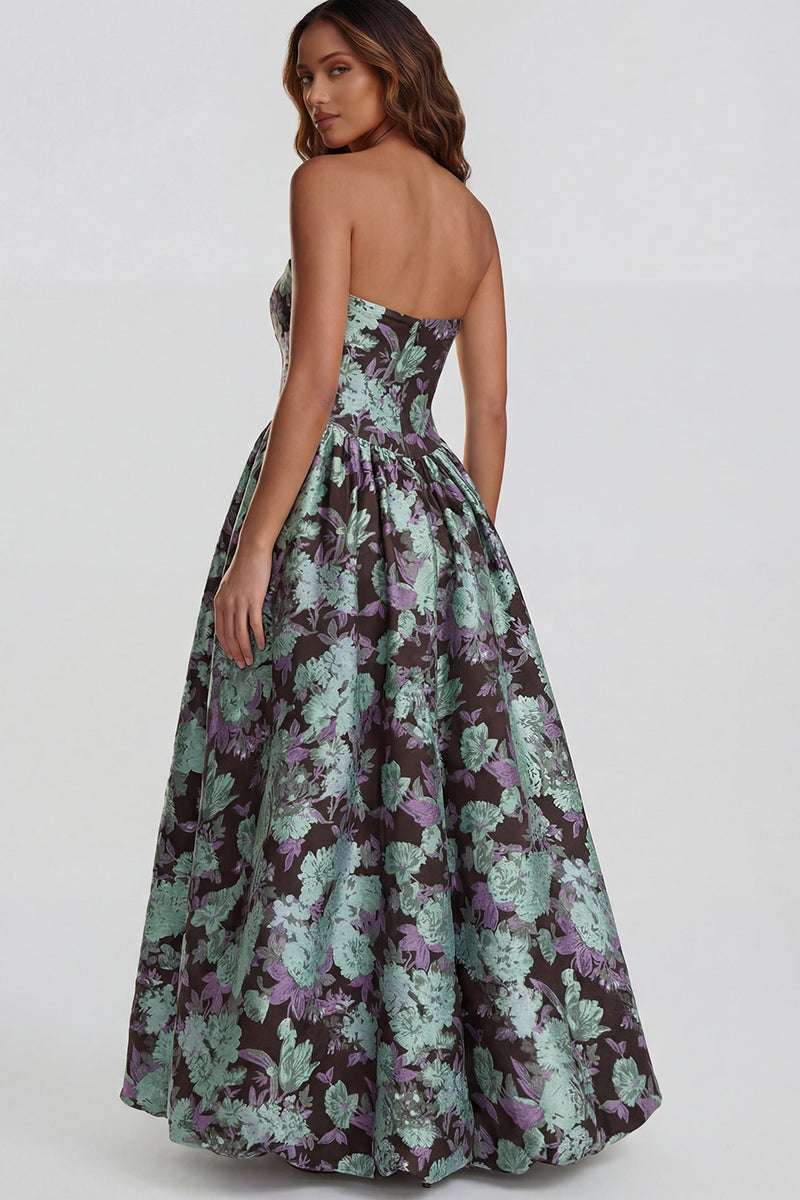 Load image into Gallery viewer, Floral Strapless Blue and White A Line Long Prom Dress with Slit