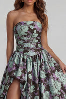 Load image into Gallery viewer, Floral Strapless Blue and White A Line Long Prom Dress with Slit