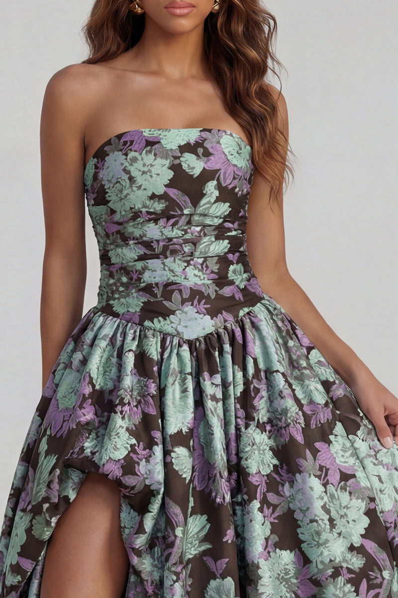 Load image into Gallery viewer, Floral Strapless Blue and White A Line Long Prom Dress with Slit