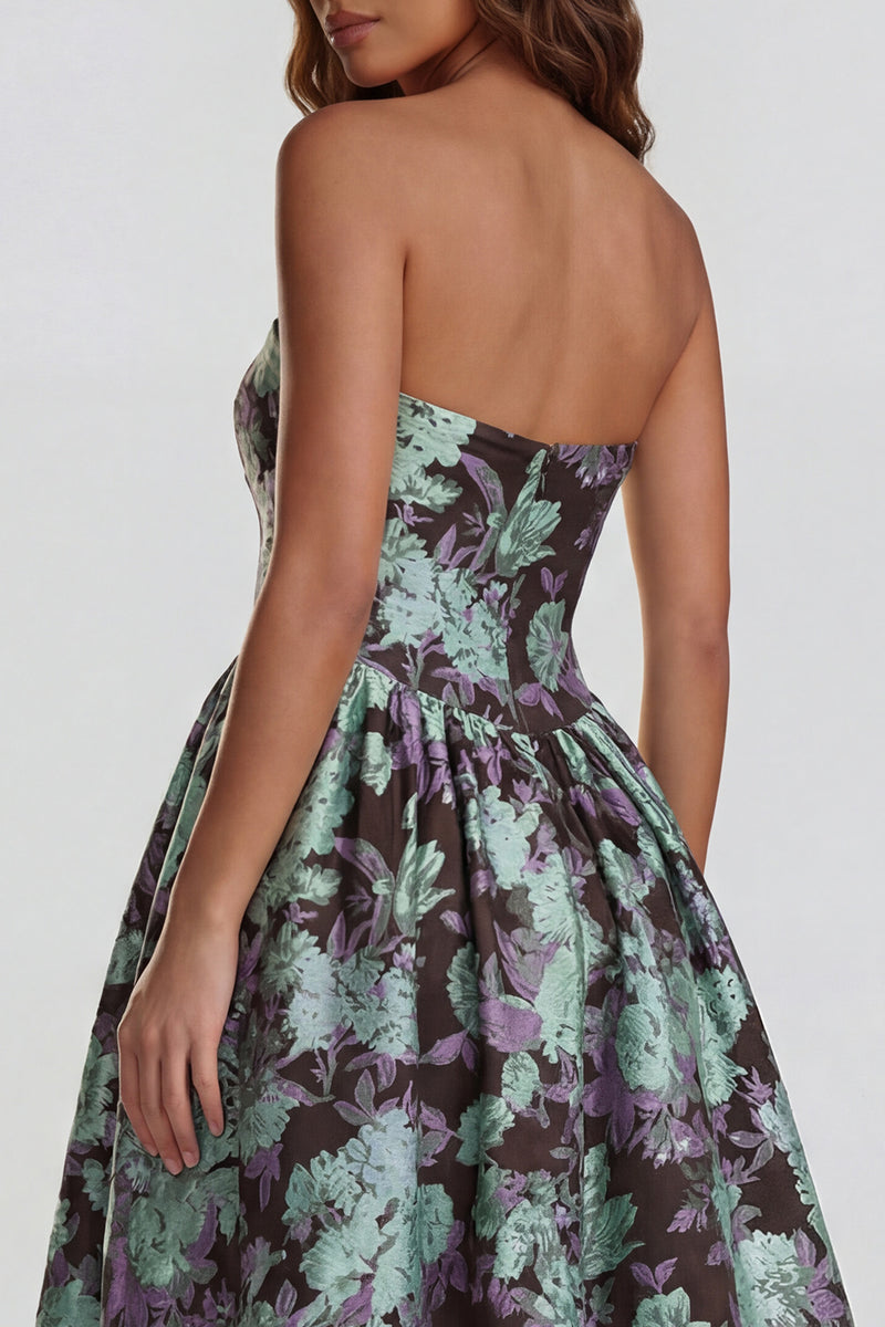 Load image into Gallery viewer, Floral Strapless Blue and White A Line Long Prom Dress with Slit