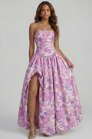Load image into Gallery viewer, Floral Strapless Blue and White A Line Long Prom Dress with Slit