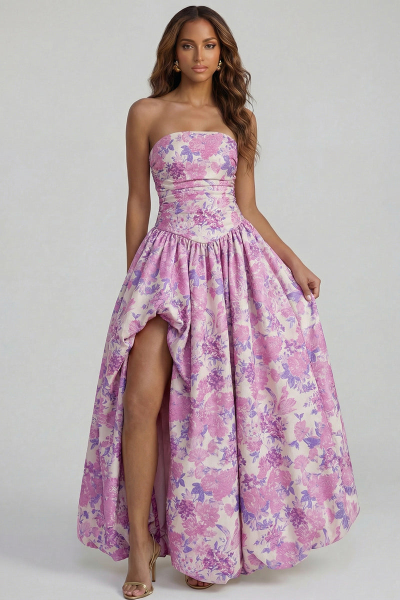 Load image into Gallery viewer, Floral Strapless Blue and White A Line Long Prom Dress with Slit