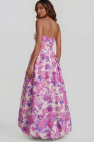 Load image into Gallery viewer, Floral Strapless Blue and White A Line Long Prom Dress with Slit