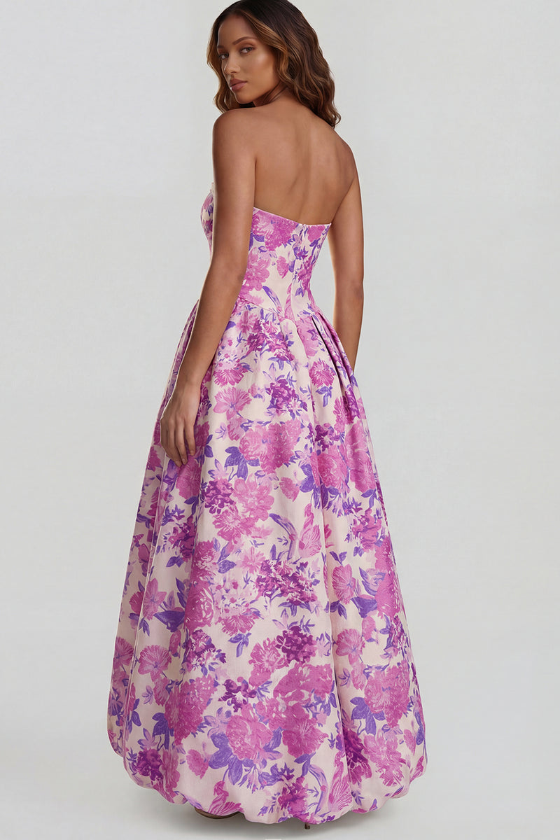 Load image into Gallery viewer, Floral Strapless Blue and White A Line Long Prom Dress with Slit