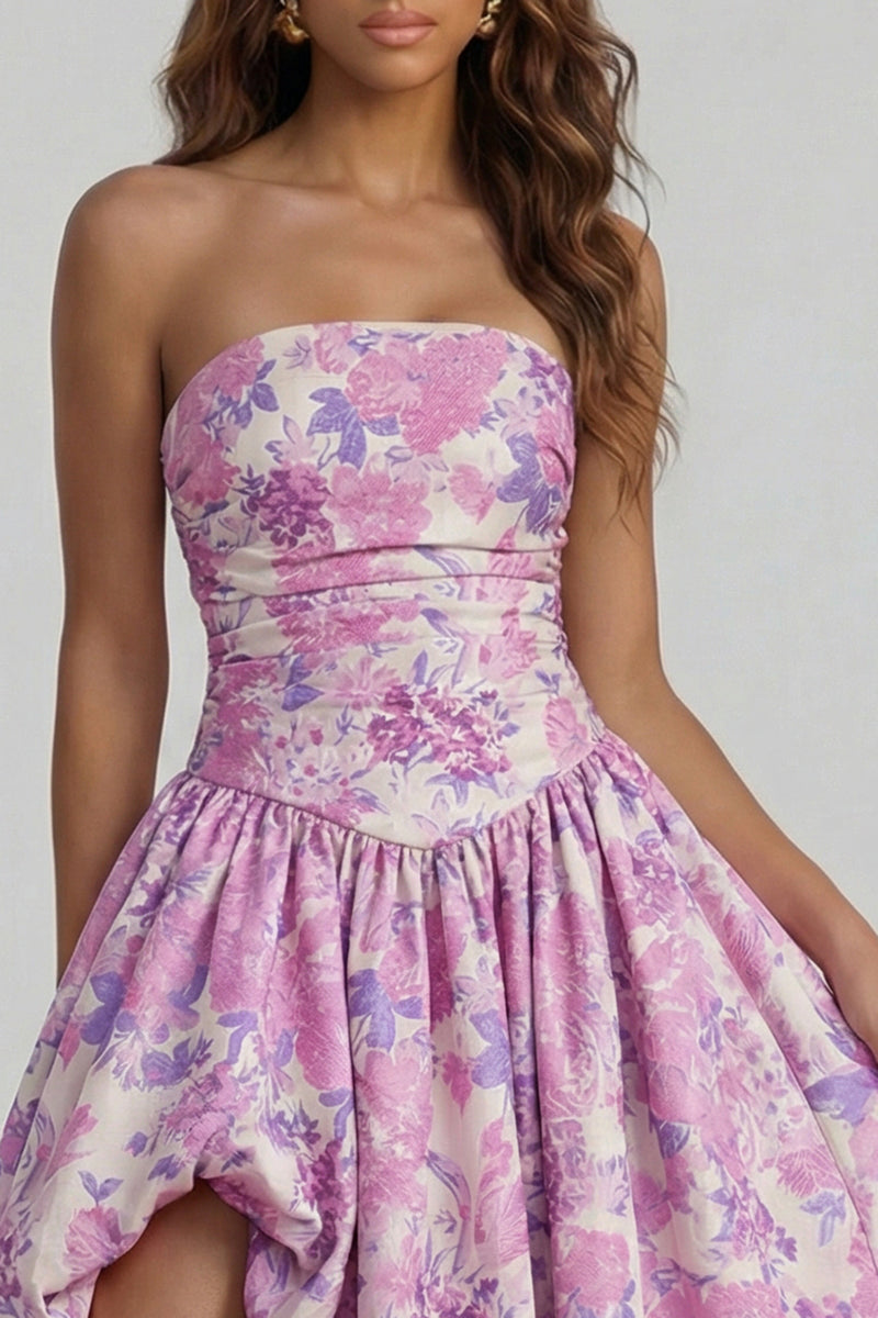 Load image into Gallery viewer, Floral Strapless Blue and White A Line Long Prom Dress with Slit
