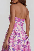 Load image into Gallery viewer, Floral Strapless Blue and White A Line Long Prom Dress with Slit