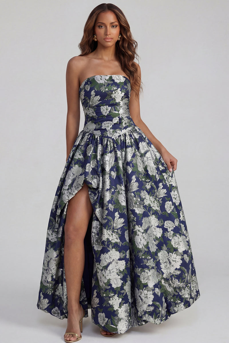 Load image into Gallery viewer, Floral Strapless Blue and White A Line Long Prom Dress with Slit