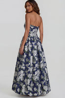 Load image into Gallery viewer, Floral Strapless Blue and White A Line Long Prom Dress with Slit